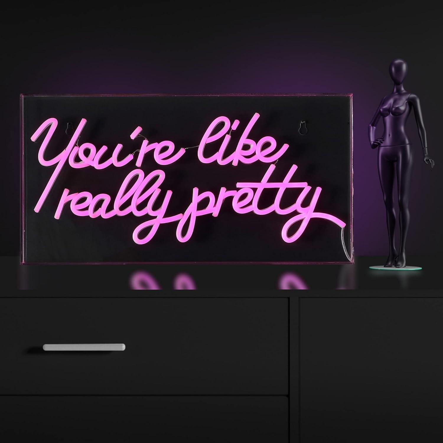 JONATHAN Y NEN1025A You're Like Really Pretty 19.6" X 10.1" Contemporary Glam Acrylic Box USB Operated LED Neon Light, Pink