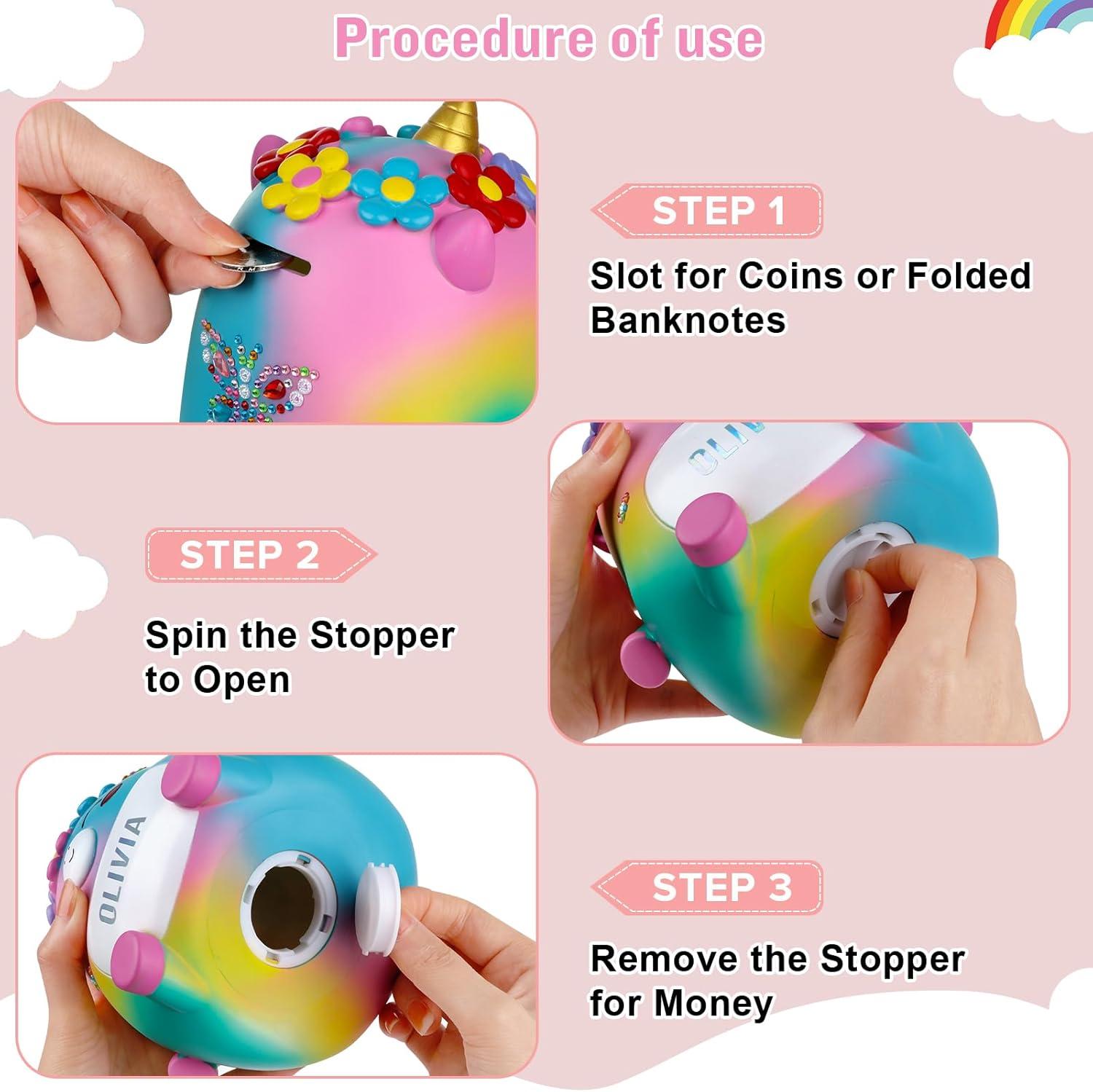 Unicorn Piggy Bank Girls – Cute Rainbow Kids Piggy Bank for Girls, Personalized Unbreakable Resin Coin Money Bank for Kids with Stickers for Toddlers