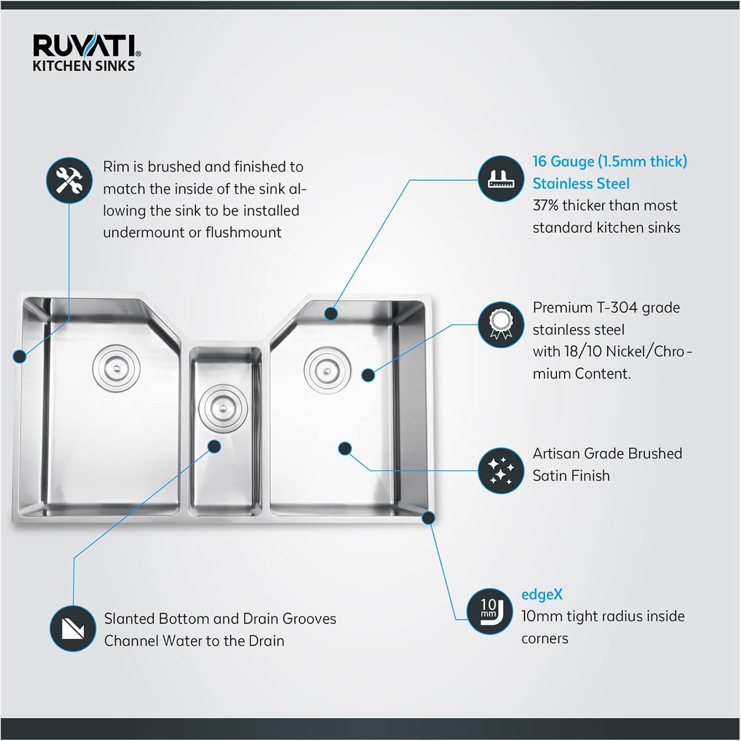 Ruvati 35" Triple Bowl Undermount 16 Gauge Stainless Steel Kitchen Sink