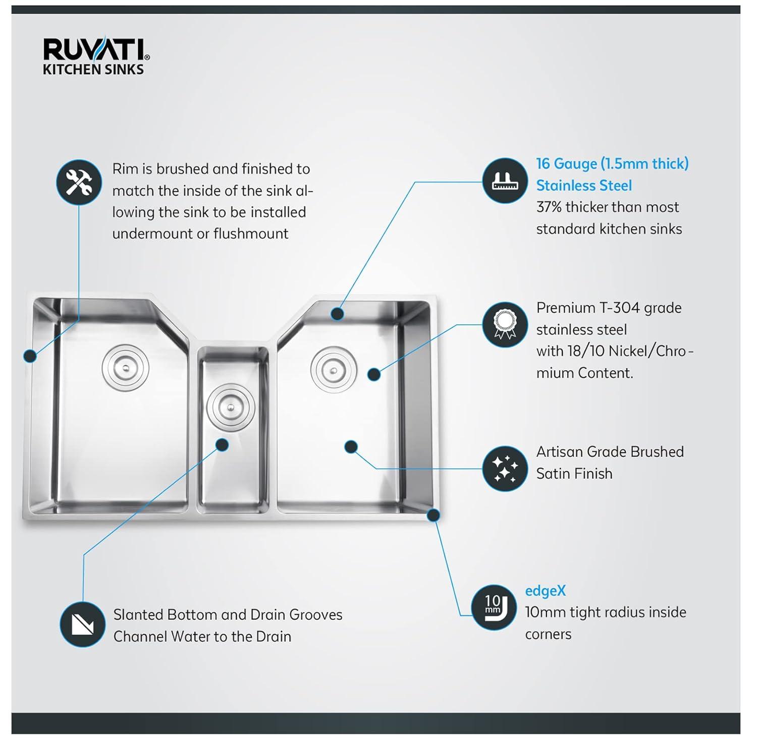 Ruvati 35" Triple Bowl Undermount 16 Gauge Stainless Steel Kitchen Sink