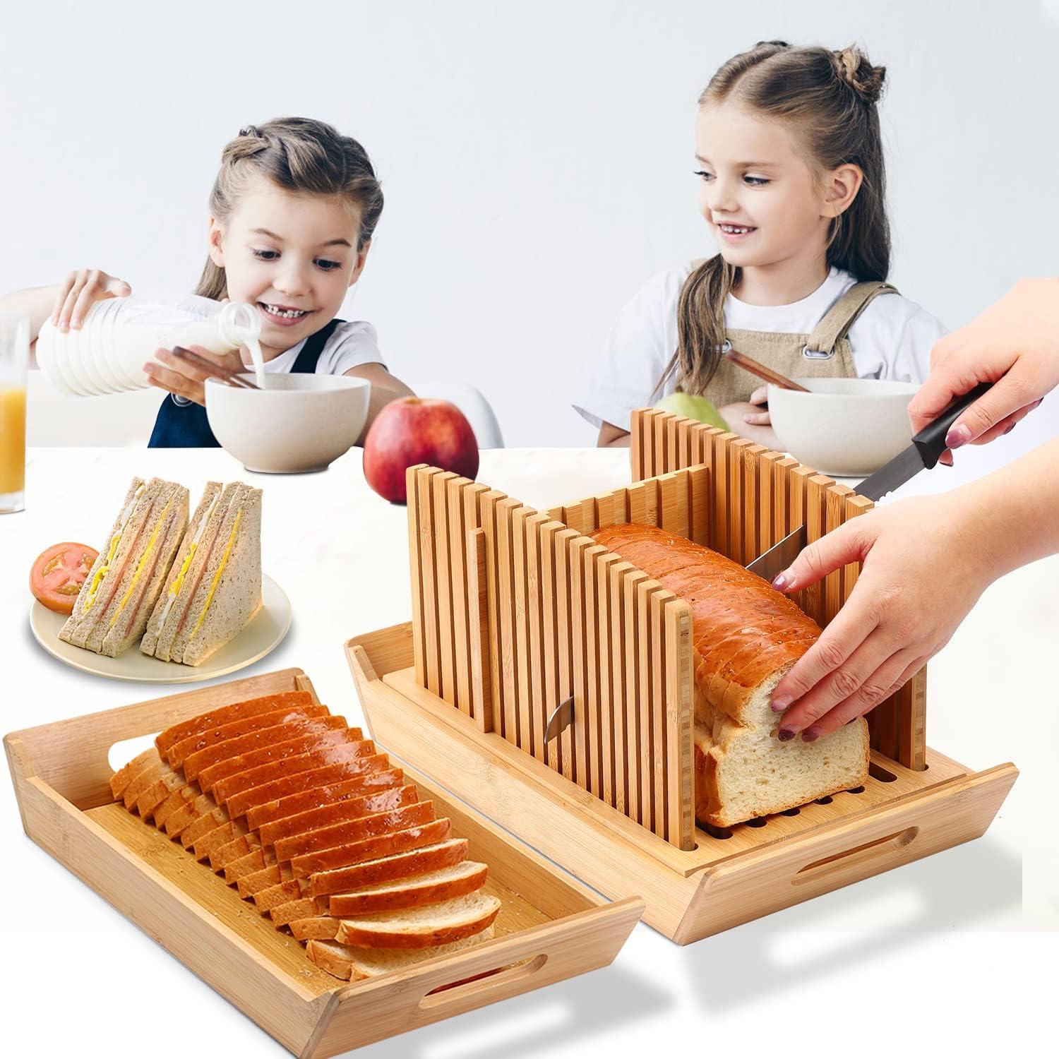 Premium Bamboo Bread Slicer for Homemade Bread, Crumb Catcher, Foldable and Compact Loaf Cutter 3 Size Slicing Guide