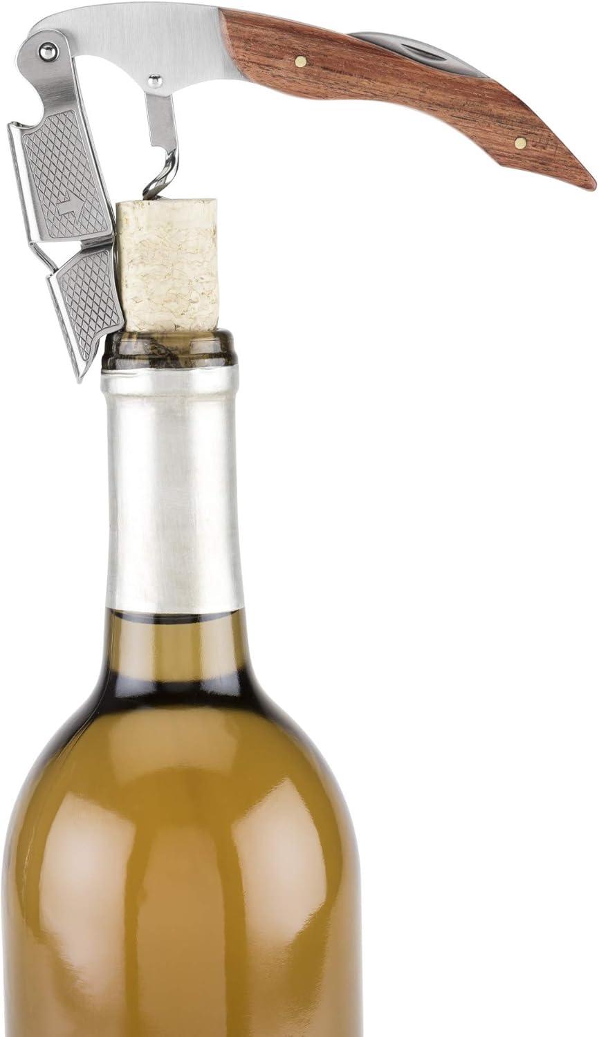True Sommelier Waiter Corkscrew Spring Loaded Double Lever Wine Opener Waiters Bartender Accessory, Stainless Steel and Wood, Set of 1
