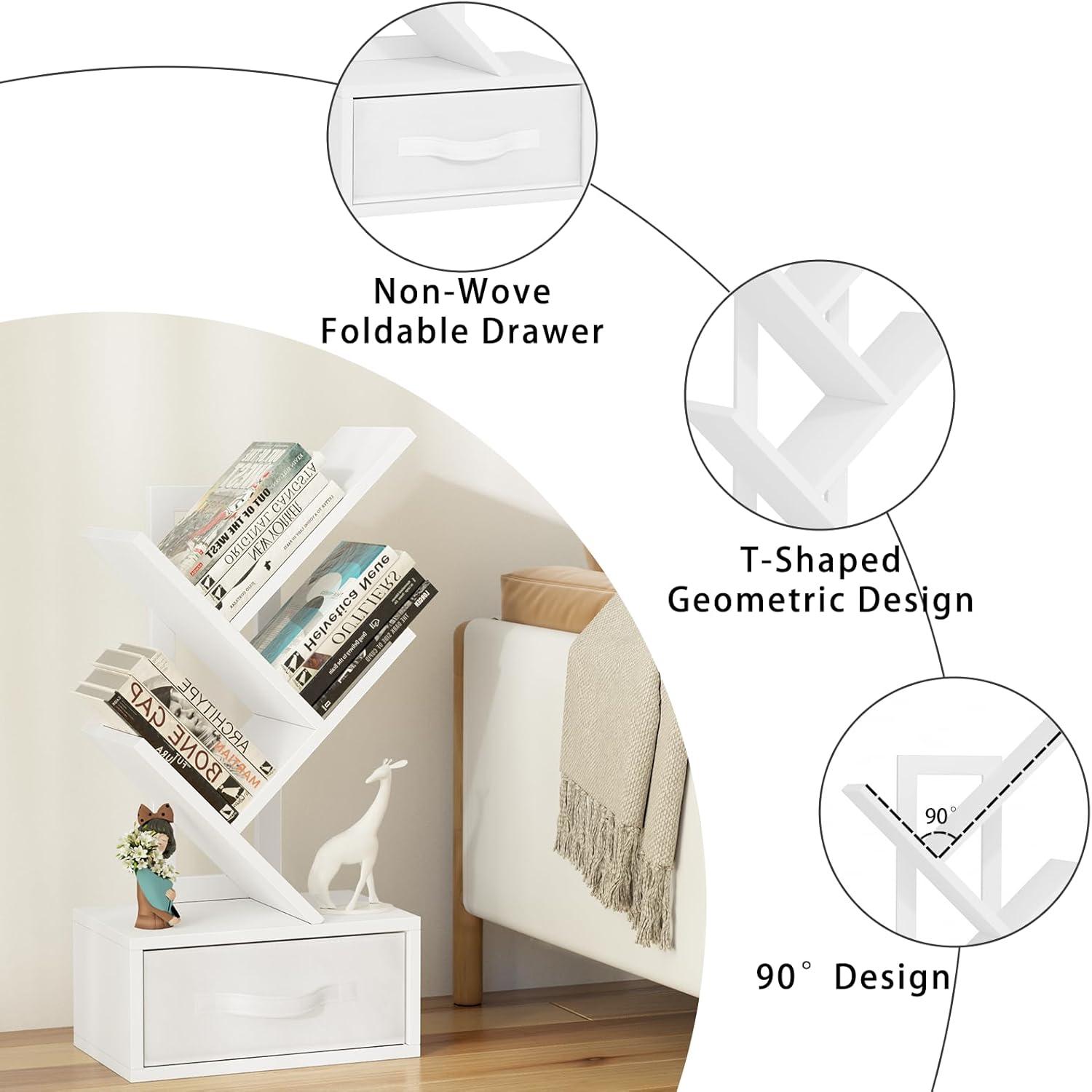 Small Bookshelf with Drawer,4 Tier Tree Book Shelf,Wood Desk Bookshelves,Modern Free Standing Desktop Display Shelves,White Floor Standing Organizer Bookcase for Living Room,Bedroom,Office