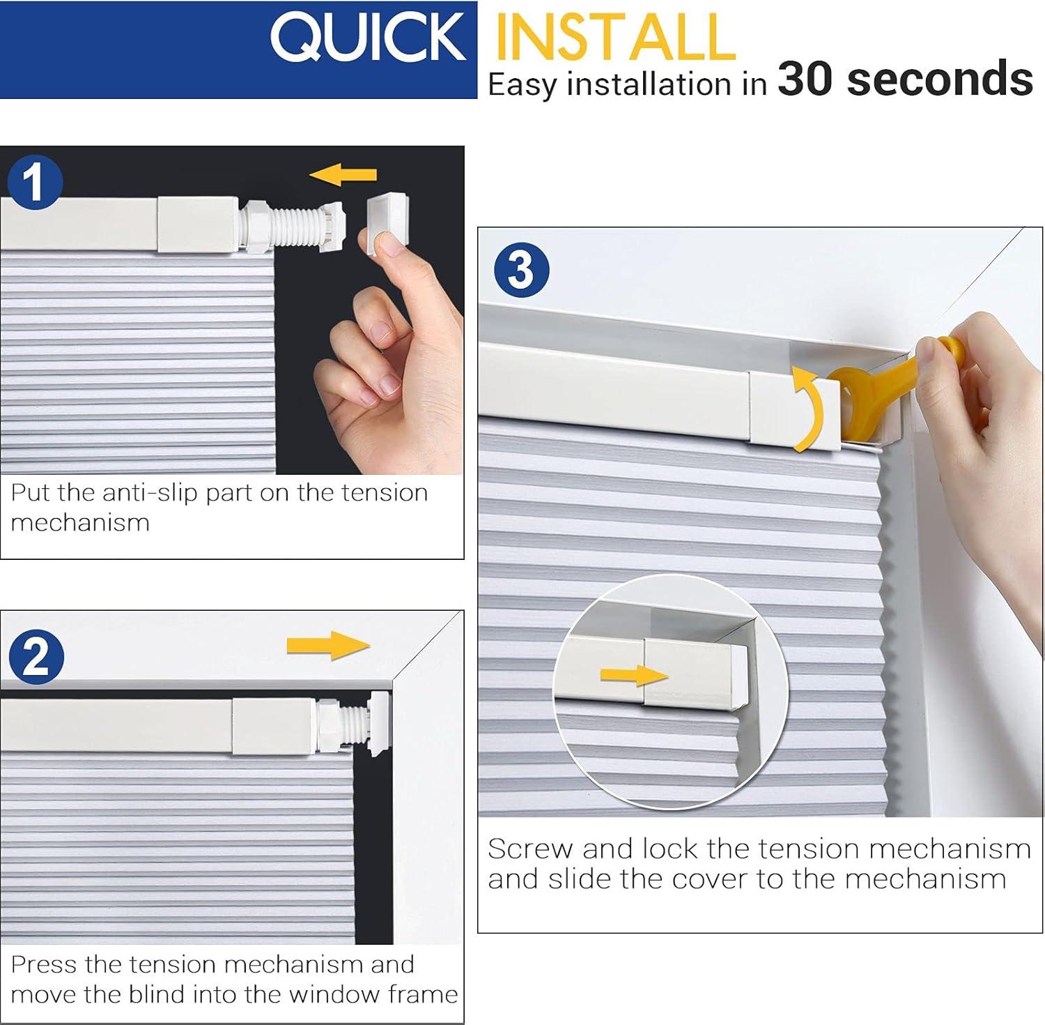 LazBlinds Cordless Cellular Shades, No Tools No Drill Blackout Honeycomb Shades Pleated Blinds for Windows, 24" W x 64" H, Midnight Black