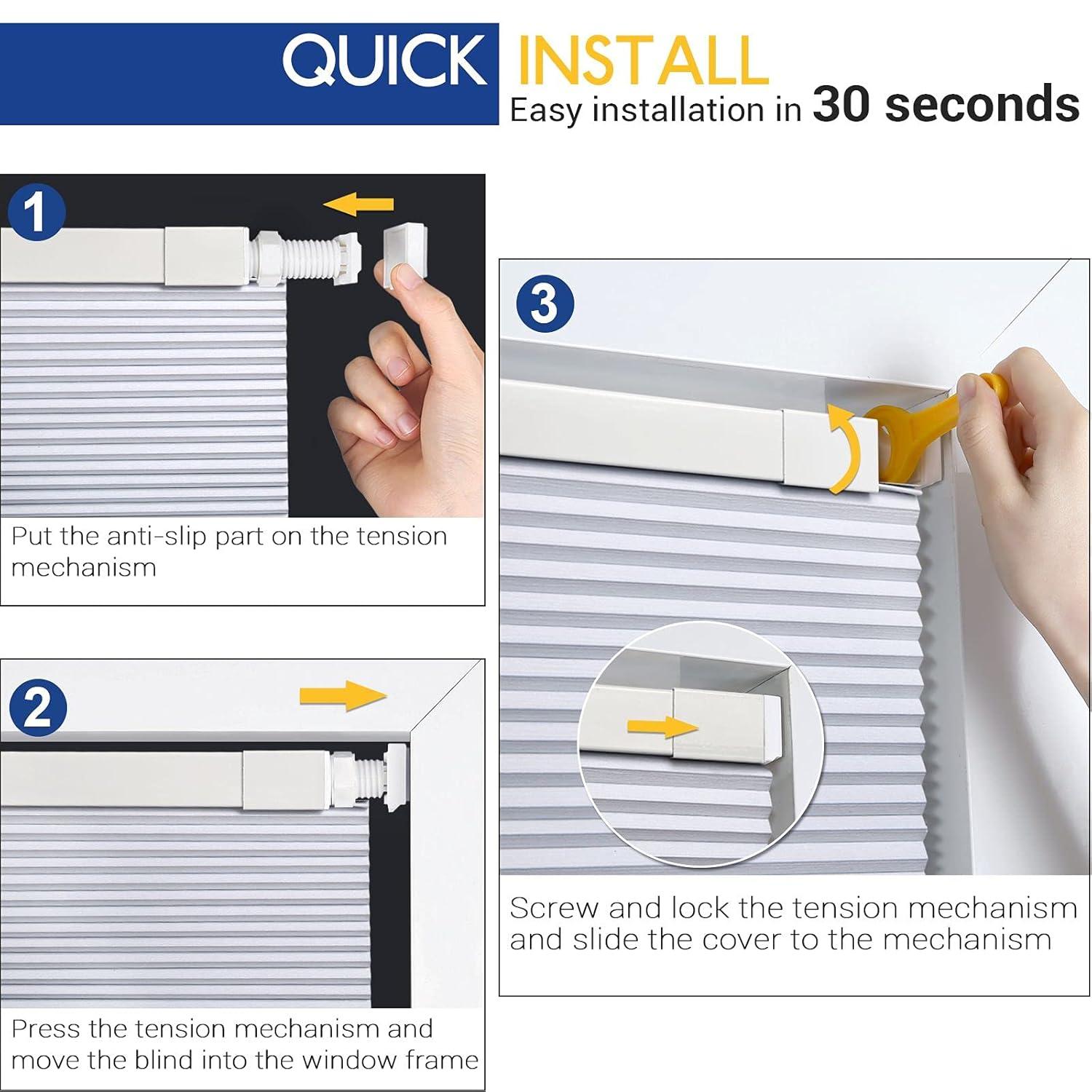 LazBlinds Cordless Cellular Shades, No Tools No Drill Blackout Honeycomb Shades Pleated Blinds for Windows, 24" W x 64" H, Midnight Black