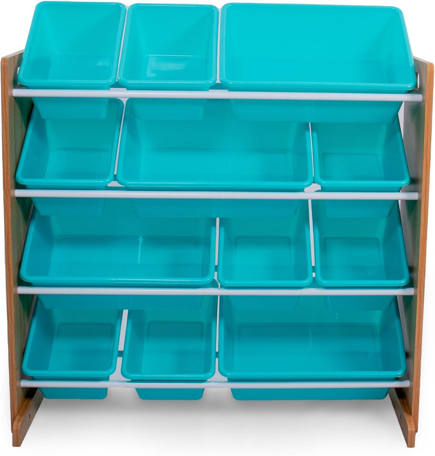 Natural Wood and Aqua 12-Bin Kids Toy Storage Organizer