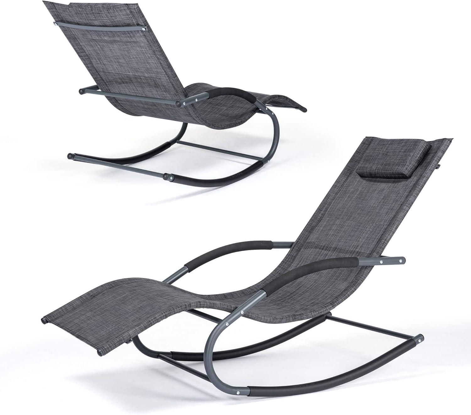 Dark Gray Steel Frame Outdoor Chaise Lounge with Cushions, Set of 2