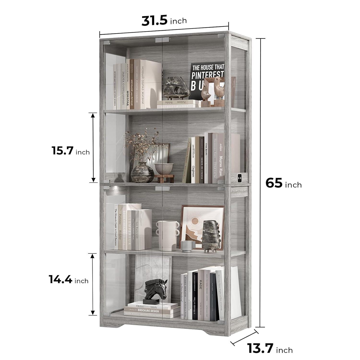 Ivy Bronx Display Cabinet with Glass Doors, 4-Tier Curio Cabinet&Bookcase with 3 Color Light for Collectibles
