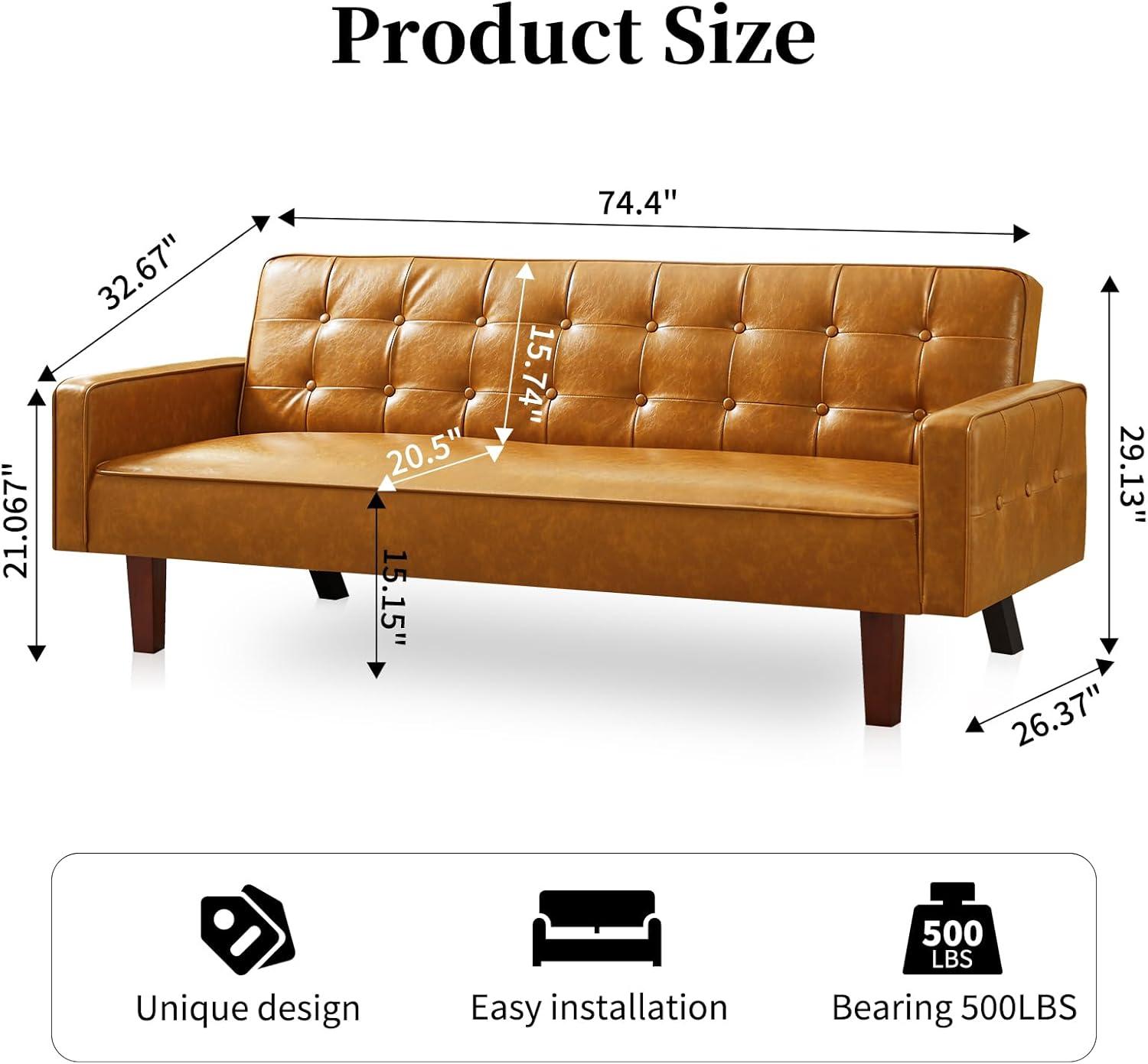 66" PU Leather Futon Sofa Bed, Adjustable Backrest Convertible Loveseat Sleeper Couch with Tapered Wood Legs for Small Space Living Room, Brown