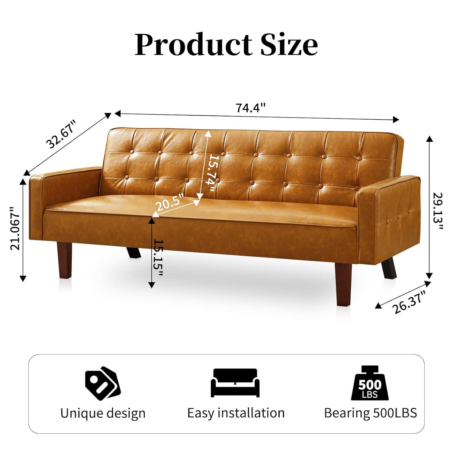 66" PU Leather Futon Sofa Bed, Adjustable Backrest Convertible Loveseat Sleeper Couch with Tapered Wood Legs for Small Space Living Room, Brown
