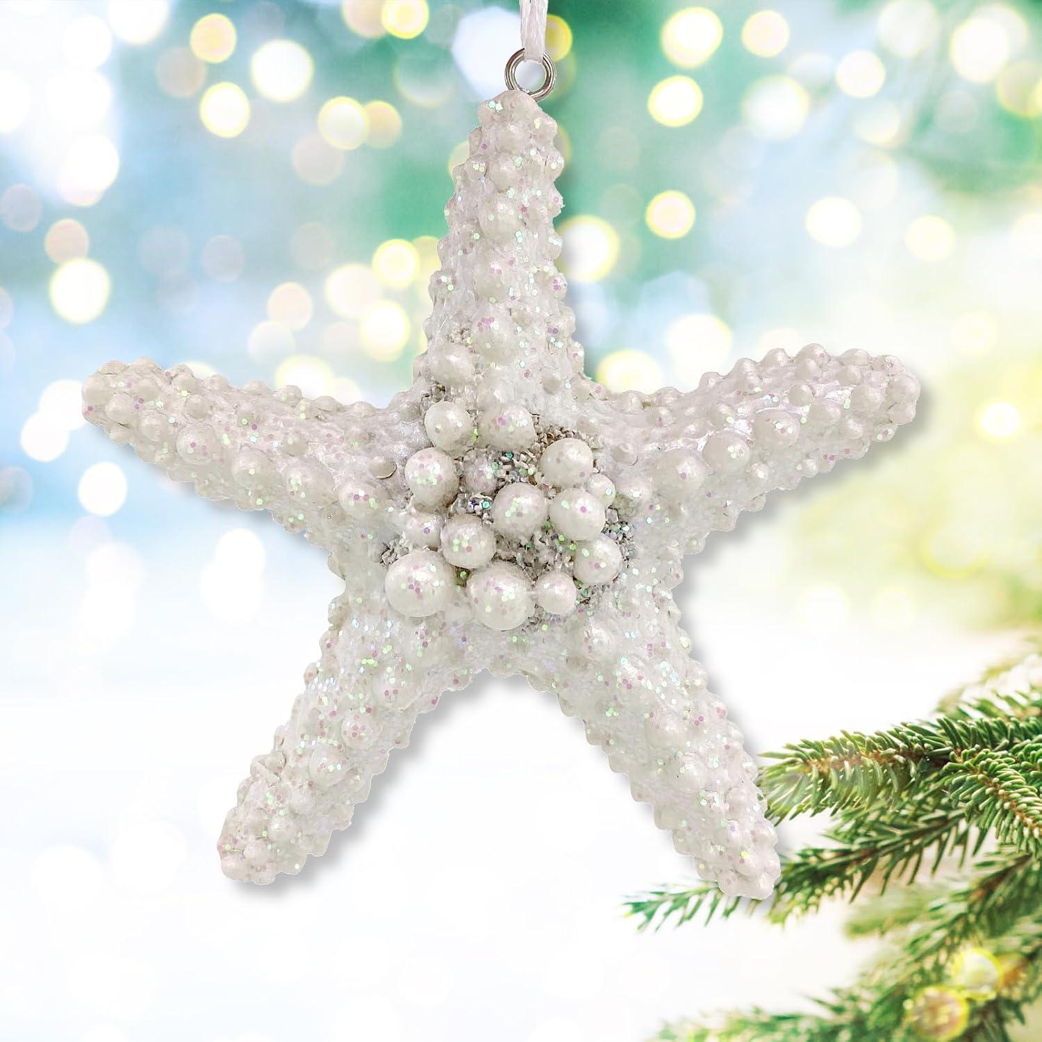 Coastal Christmas Ornaments - Seahorse, Starfish, Clam Shell Holiday Beach Tree Decorations, Set of 3