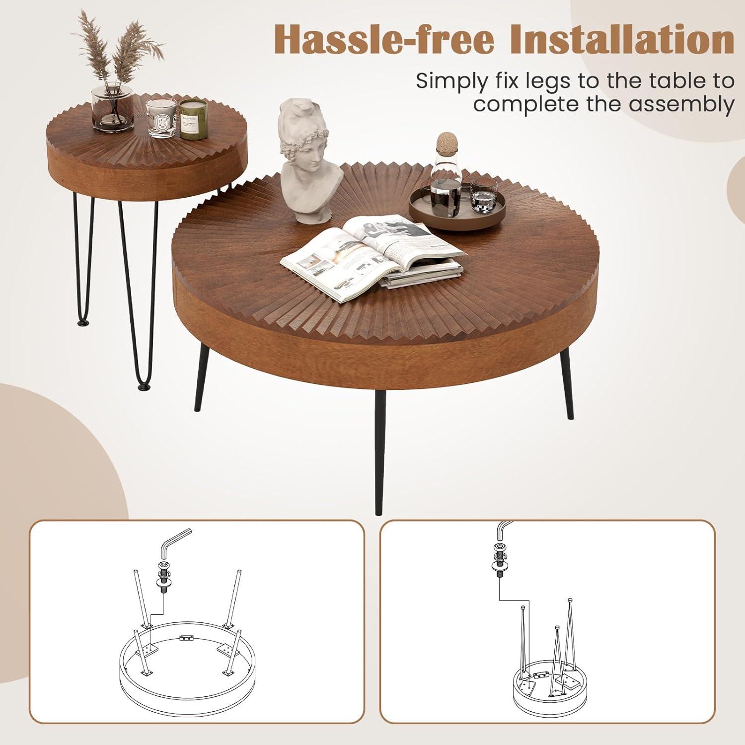 Millwood Pines Set of 2 Boho Round Coffee Table with Solid Pine Wood Top and Metal Legs