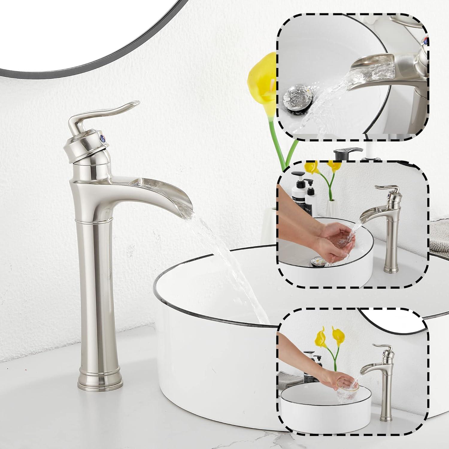 Waterfall Bathroom Faucet Brushed Nickel GGStudy Single Handle One Hole Tally Body Farmhouse Bathroom Vessel Sink Faucet Matching with Pop Up Drain