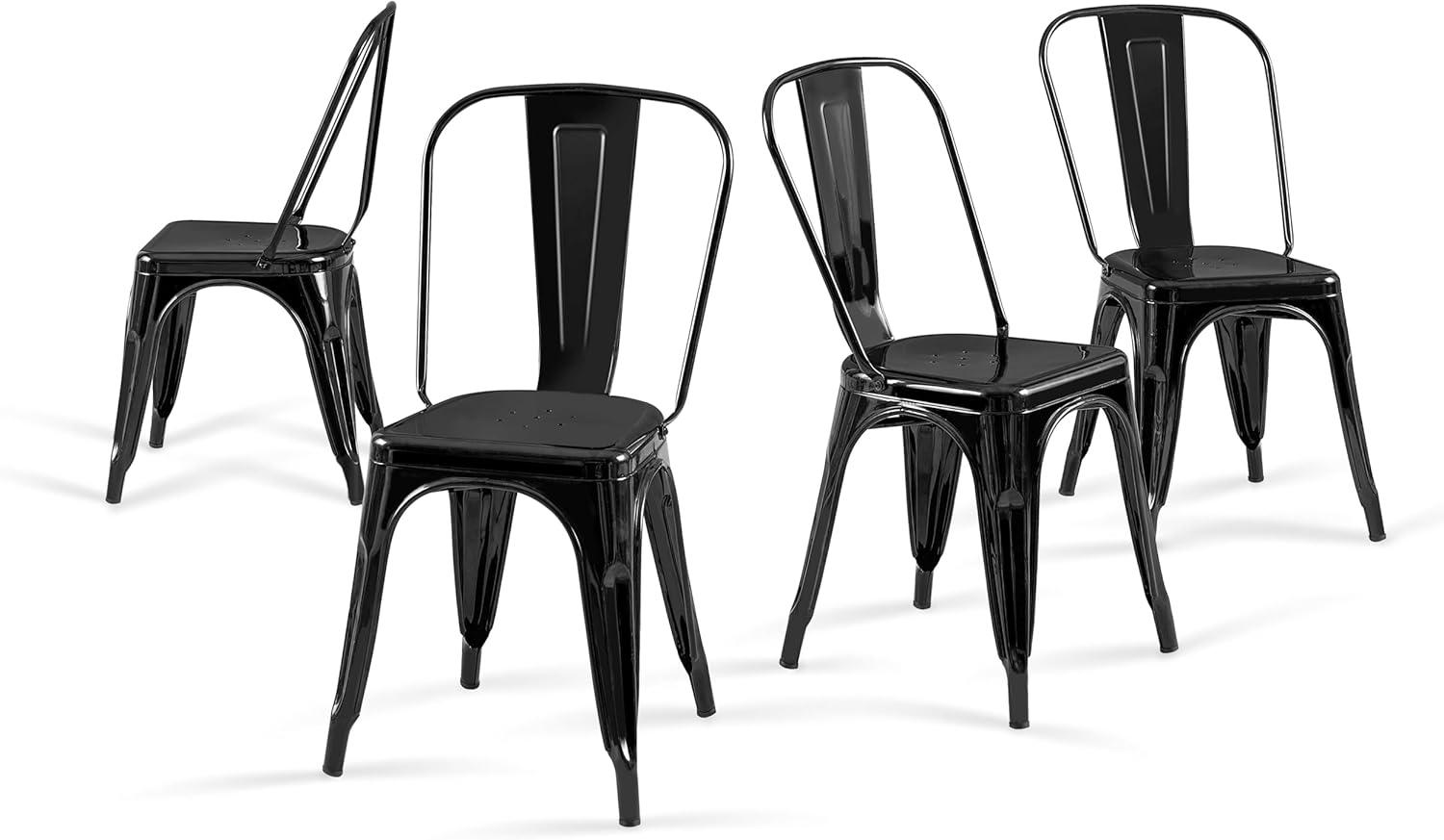 LSSBOUGHT Patio Dining Chairs Set of 4 Metal Chairs Indoor Outdoor Chairs Stackable Chairs for Kitchen, Dining Room, Bistro and Cafe (Black)