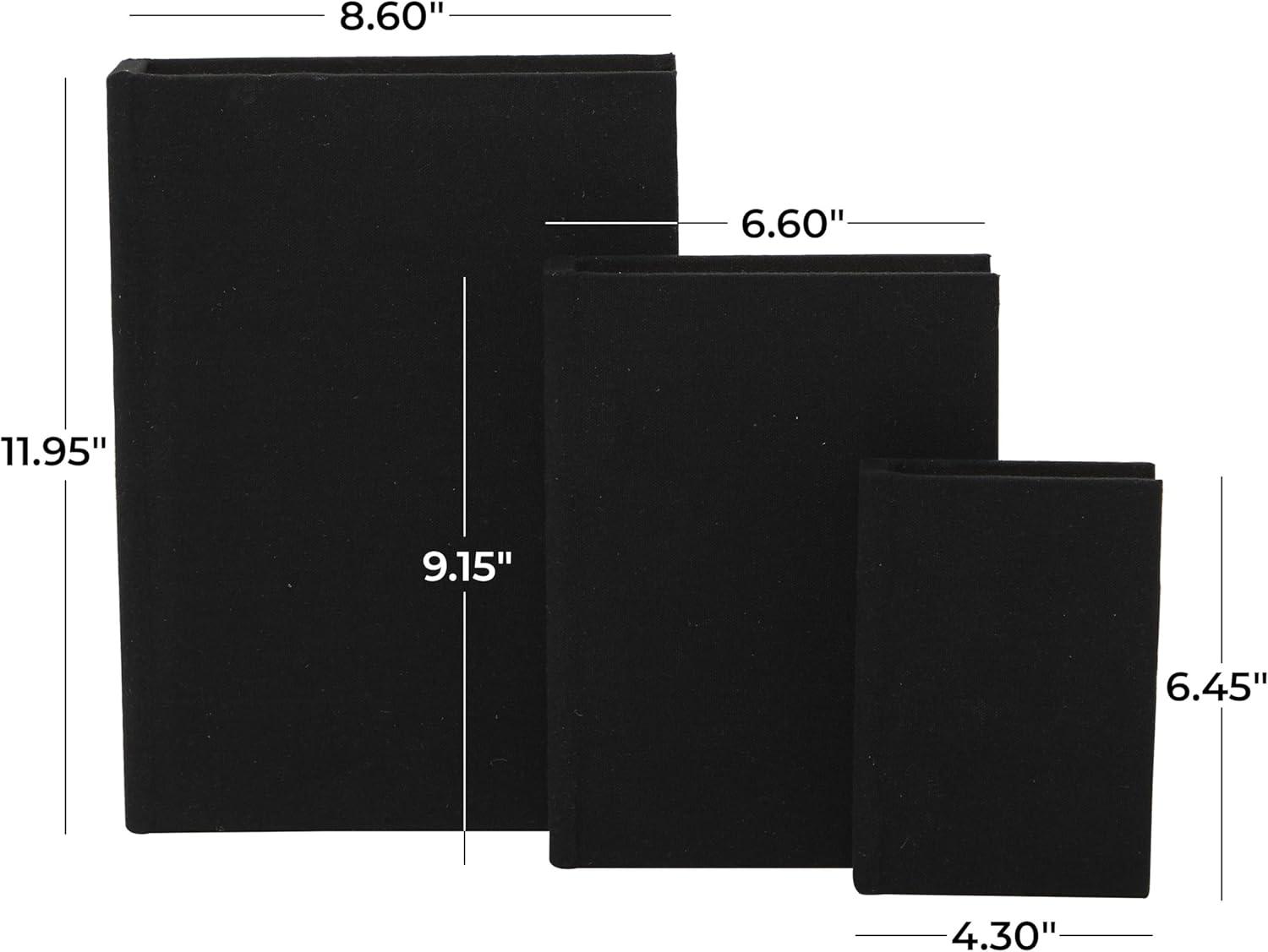 Deco 79 Linen Fabric Decorative Box Faux Storage Book Book Shaped Boxes, Set of 3 Decorative Keepsake Boxes 12", 9", 6"H, Black