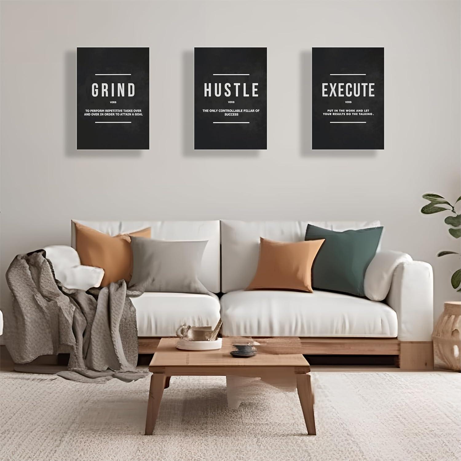 Motivational Office Wall Decor Inspirational Success Canvas Wall Art Hustle Posters Prints Entrepreneur Quote Wall Picture Paintings 3 Pieces Artwork Home Bedroom Framed Easy to Hang(36”Wx16”H)