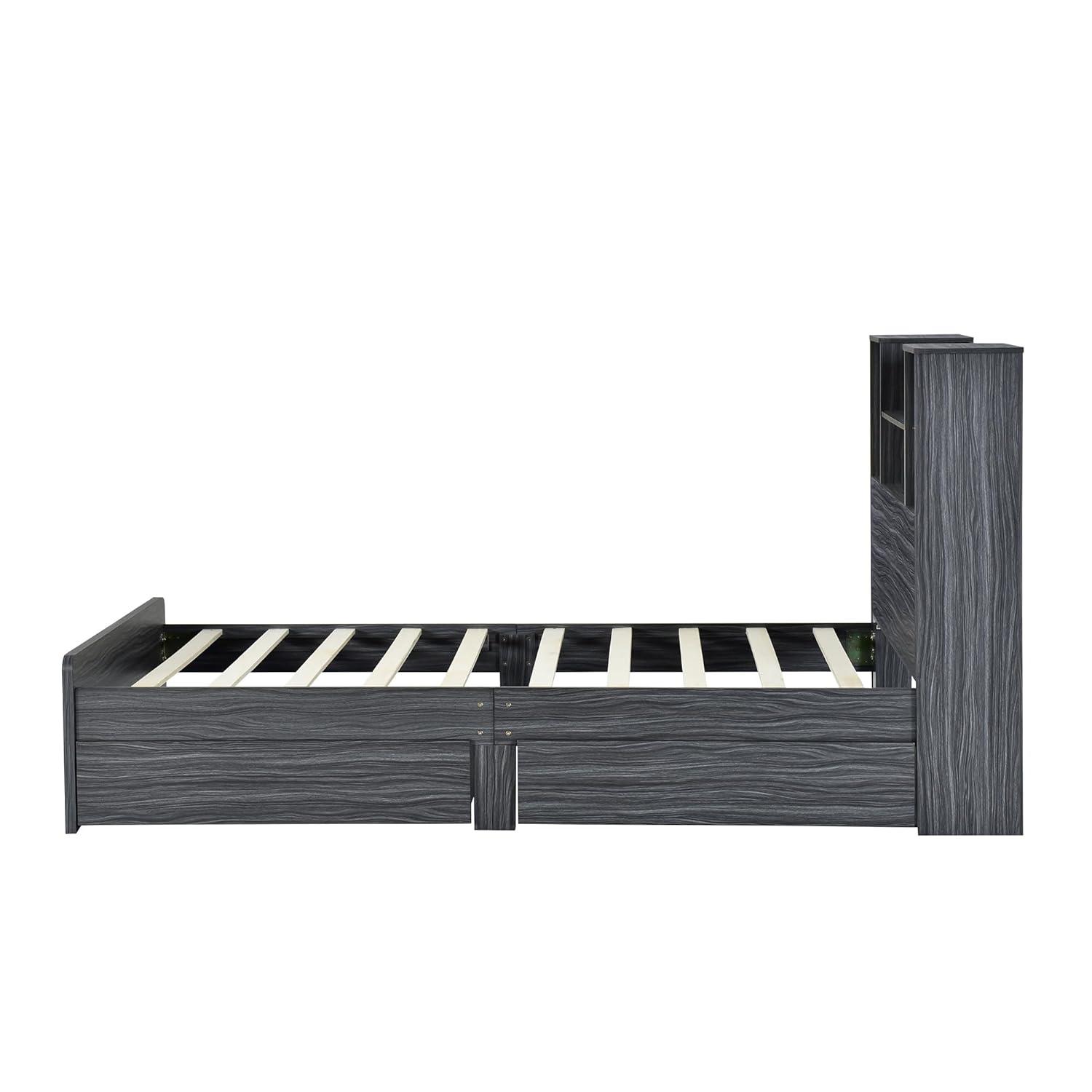 Harper & Bright Designs Twin Size Bed with Storage Headboard and Drawers, Solid Wood Twin Platform Bed Frame with 2 Drawers, 4 Shelves and LED Light, No Box Spring Needed - White