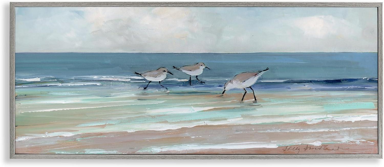Stupell Industries Panoramic Sandpipers Birds Shoreline Ocean Landscape Painting Gray Framed Art Print Wall Art, 30x13, by Sally Swatland