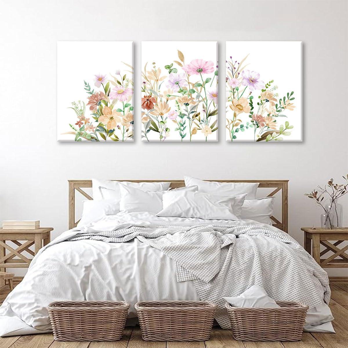 Framed Wildflower Wall Art Canvas Prints Plant Watercolor Floral Poster Set of 3 Colorful Botanical Rustic Painting Farmhouse Picture Wall Decor for Bedroom Living Room Bathroom12x16in