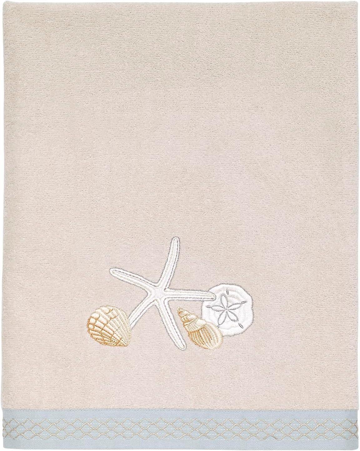 Beige Cotton Bath Towel with Embroidered Seashells and Starfish