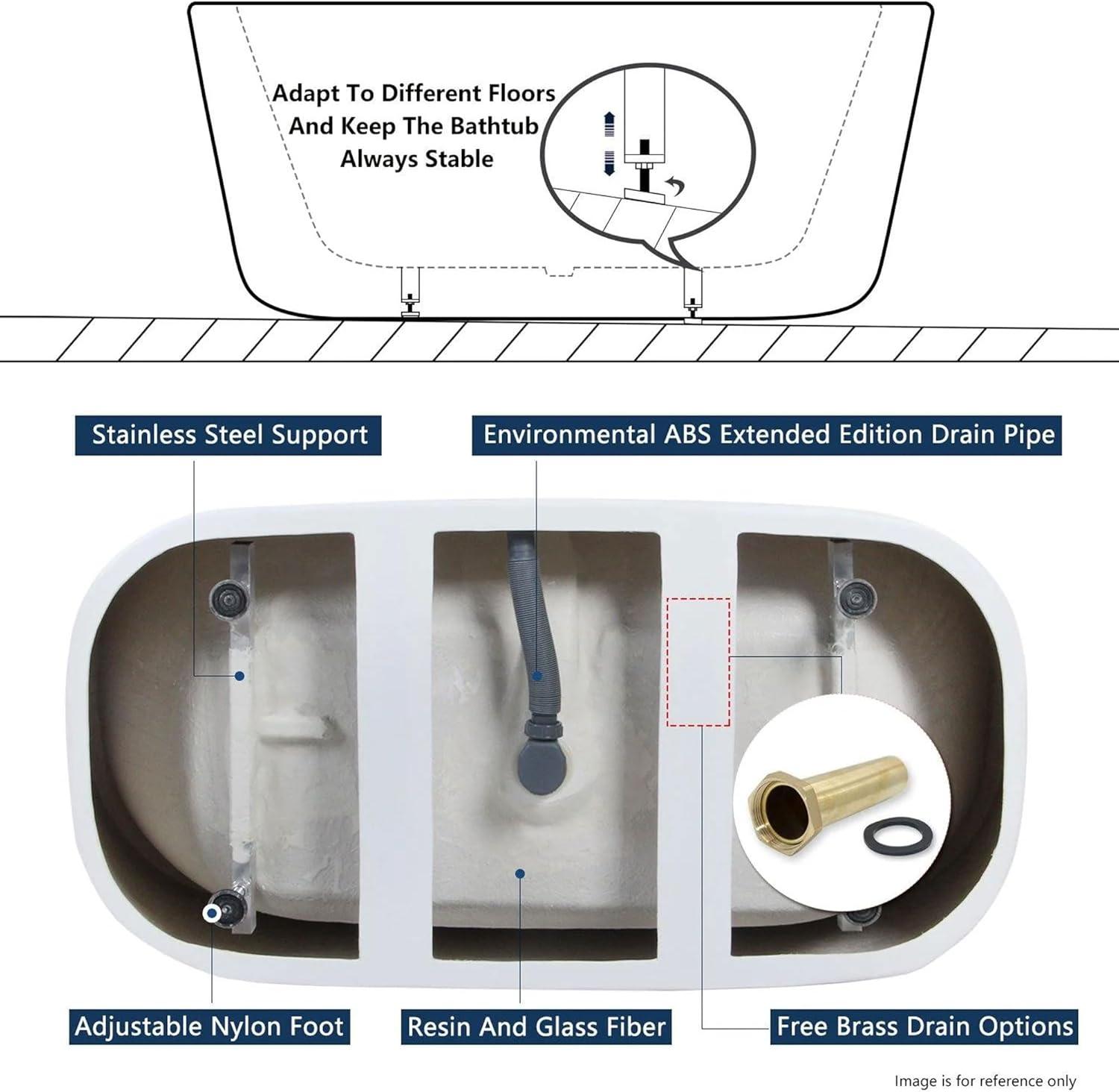 FerdY FerdY-02538-1500-BN Bali Freestanding Soaking Acrylic Bathtub with Brushed Nickel Drain