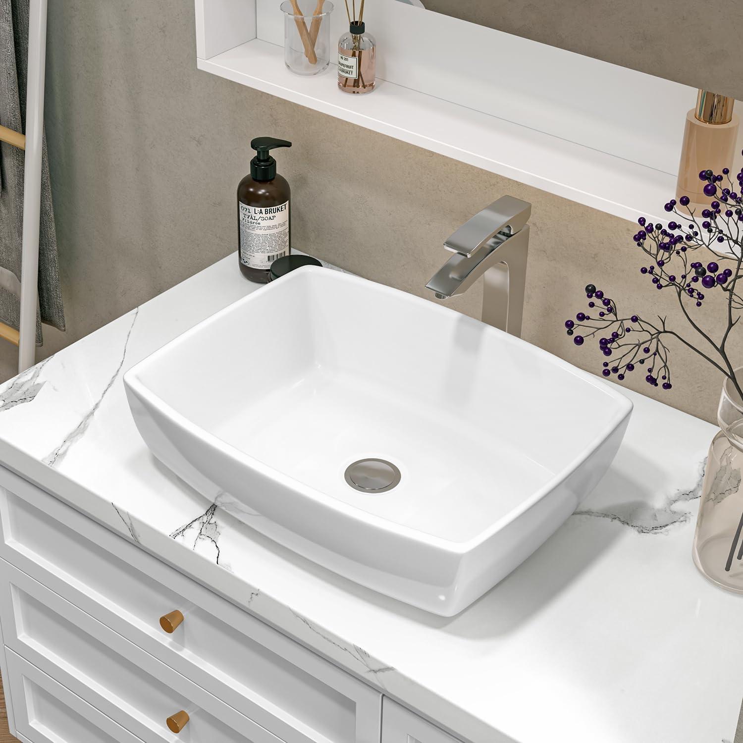 Sinber 19" x 14" x 5" White Rectangular Ceramic Countertop Bathroom Vanity Vessel Sink C4181-OK