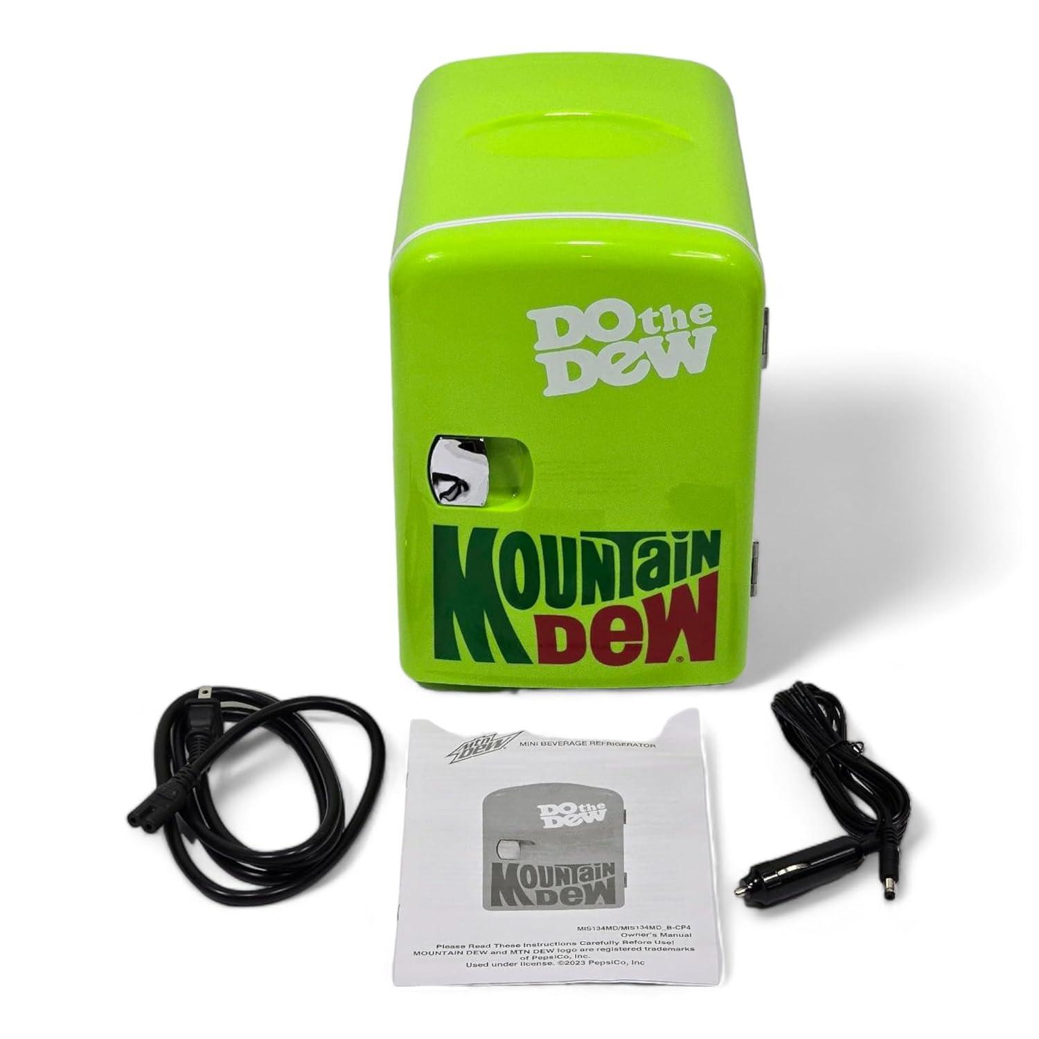 Mountain Dew MIS134MD, Mini Portable Compact Personal Fridge Cooler, 4 Liter Capacity Chills Six 12 oz Cans, 100% Freon-Free & Eco Friendly, Lime