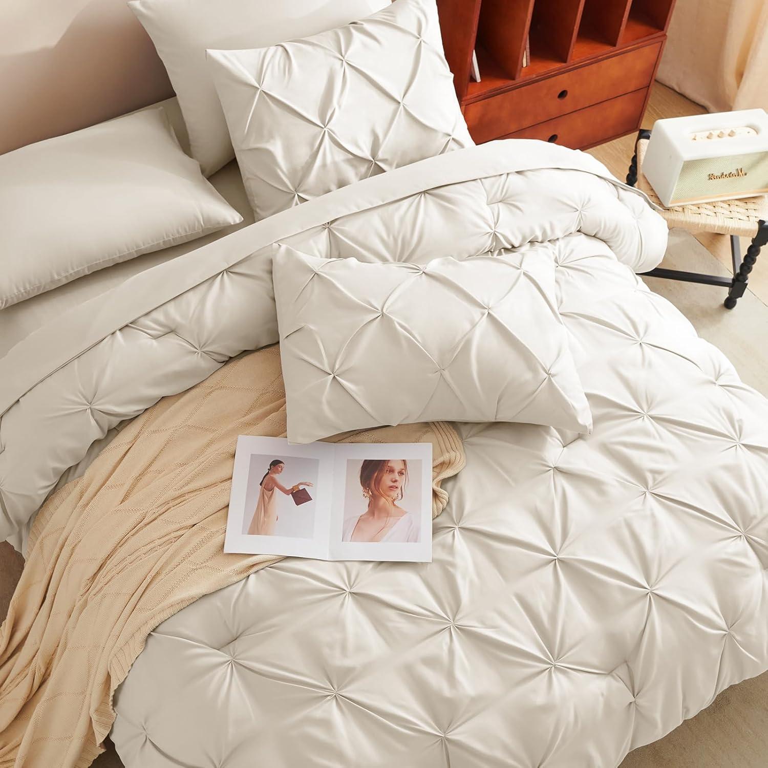 CozyLux Beige Comforter Set Queen 7 Pieces Bed in A Bag Cream Off White Pintuck Comforters Queen Size Pinch Pleat Bedding Sets with All Season Comforter, Flat Sheet, Fitted Sheet and Pillowcases&Shams