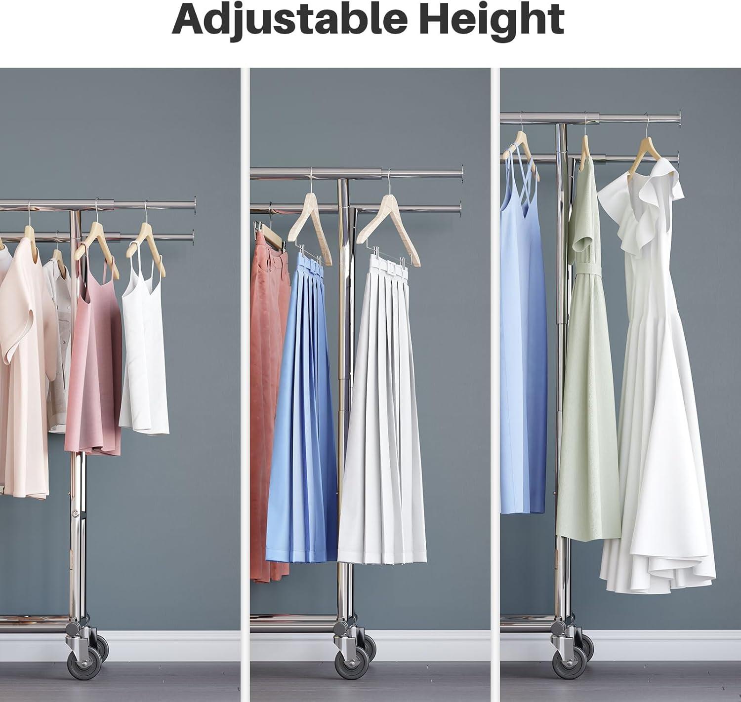 Chrome Portable Heavy-Duty Rolling Garment Rack with Adjustable Shelves