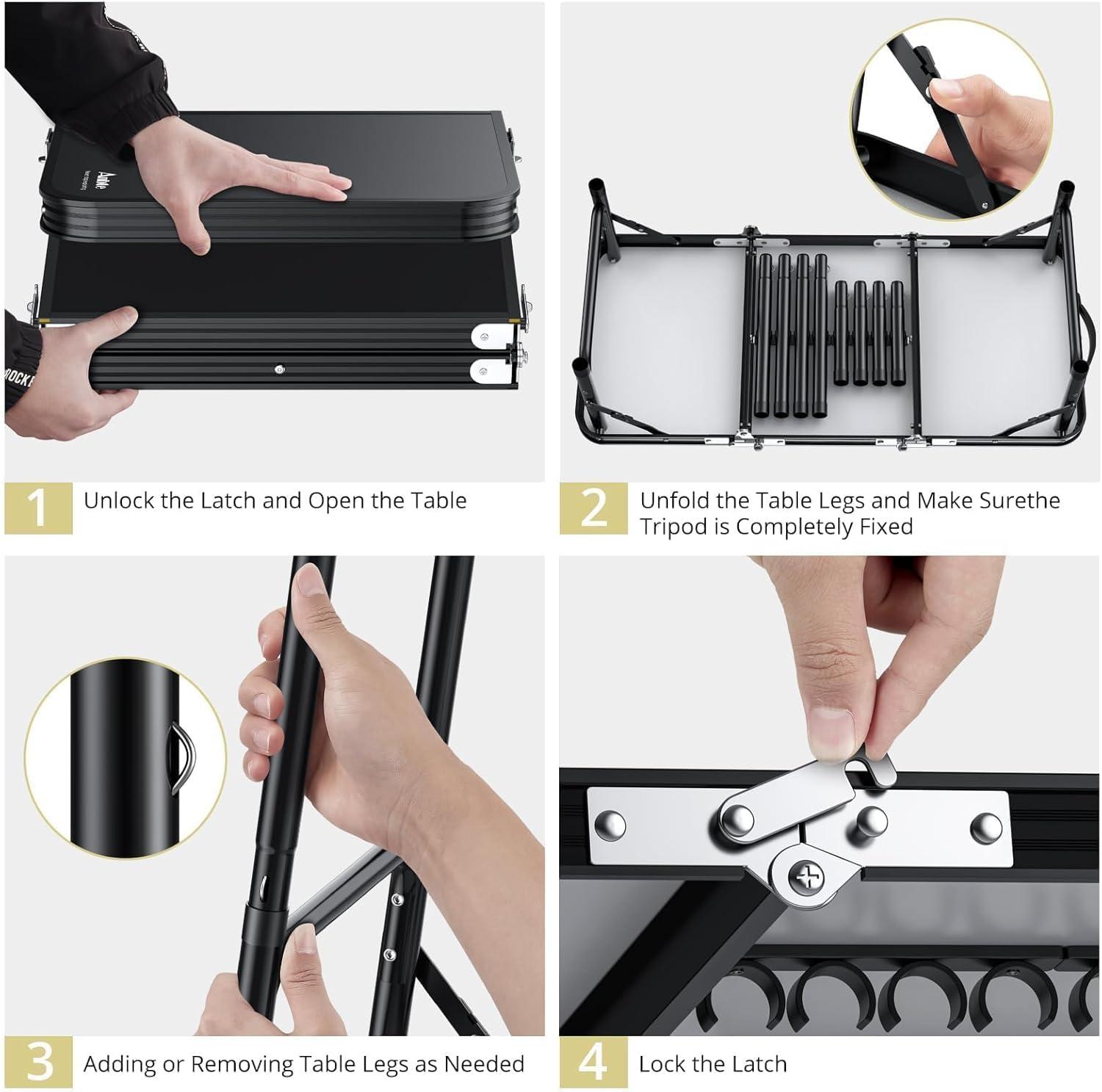 Black Aluminum Folding Camping Table with Adjustable Heights and Storage Net