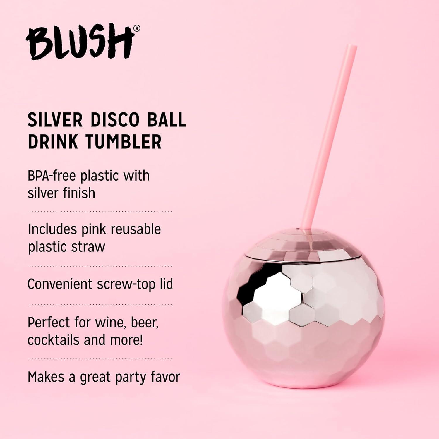 Blush Silver Disco Ball Cup with Straws for Parties - 16 Ounce Cute Sparkly Glitter Cocktail Disco Ball Drink Tumbler, Party Supplies