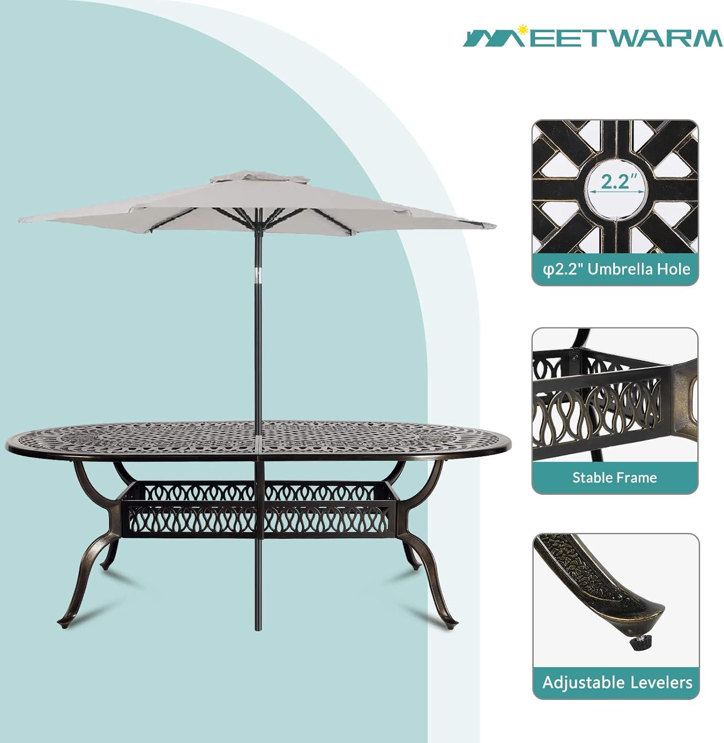 MEETWARM 9-Piece Outdoor Furniture Dining Set, All Weather Cast Aluminum Patio Garden Set with 8 Chairs,1 Oval Table, 2.2" Umbrella Hole, Dark Bronze