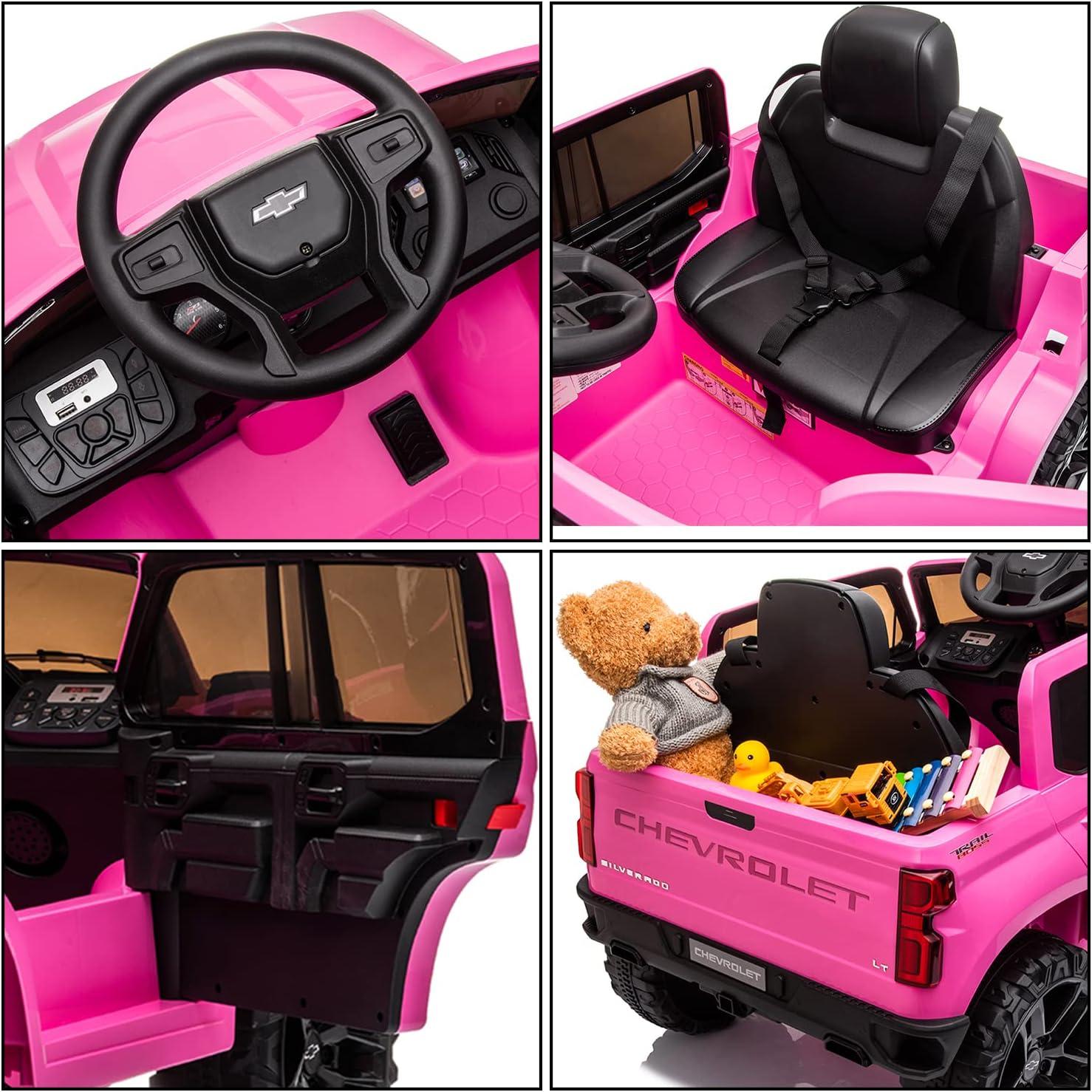 Kids Ride on Vehicle with Remote Control for 3-8 Years Toys,12V Licensed Chevrolet Silverado GMC Powered Wheels Electric Car, MP3 Music,FM Radio, Spring Suspension, LED Light,Pink