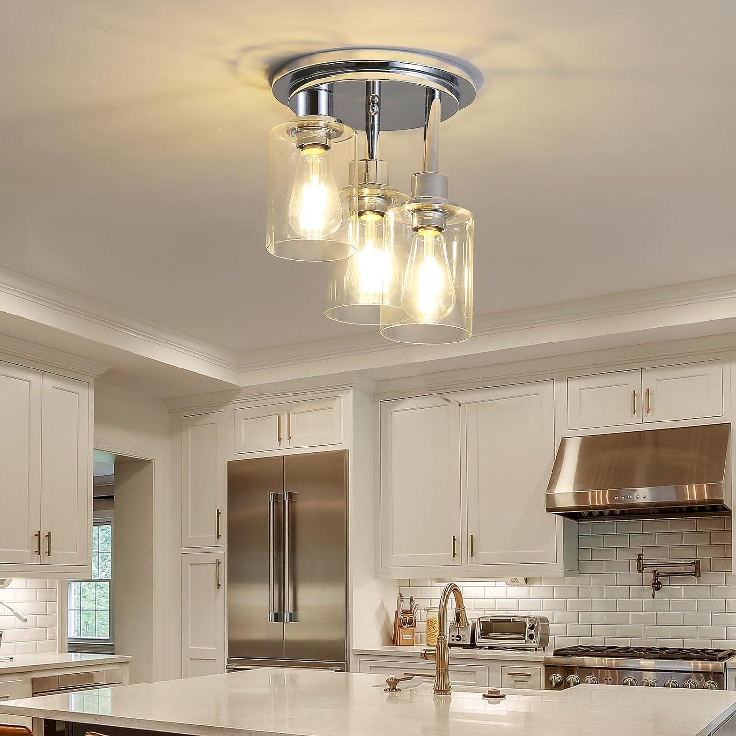 Silver 3-Light Semi Flush Mount Ceiling Light with Clear Glass Shades