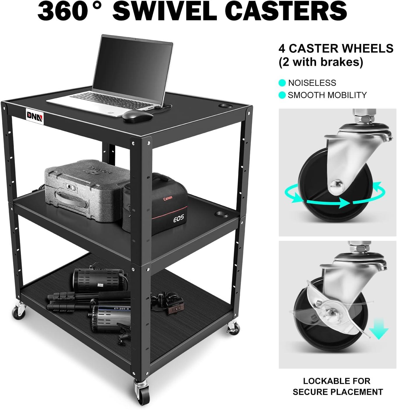 DNA Motoring TOOLS-00137 35" x 25" x 42" Steel Height Adjustable 3-Layer Media Rolling AV Cart With Power Strip +Locking Casters