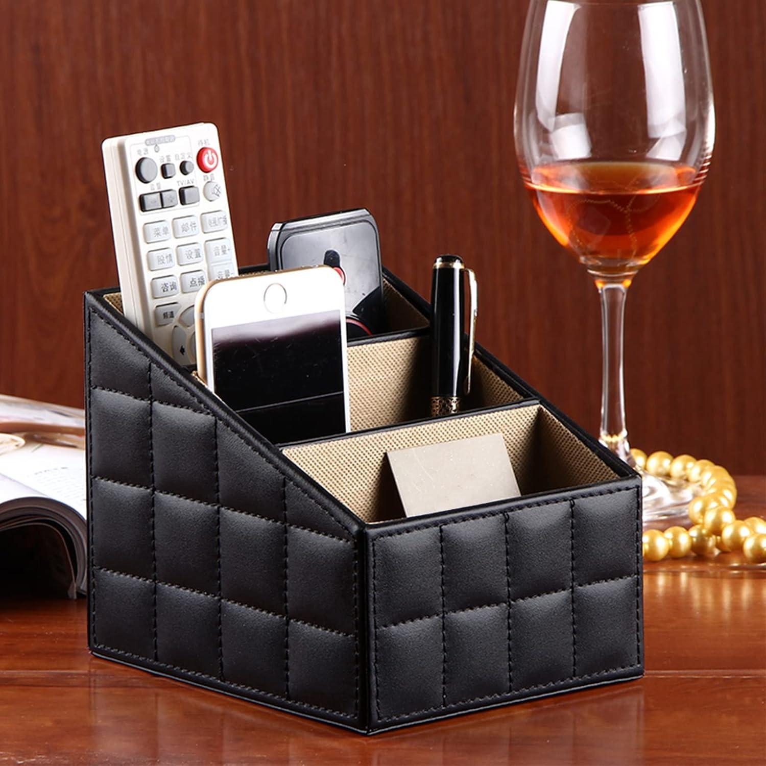 Fashionable PU Leather TV Remote Control Holder with 3 Compartments, Storage Rack, Storage Box, Media Accessory Storage, Desk Organizers (Blakc ge)