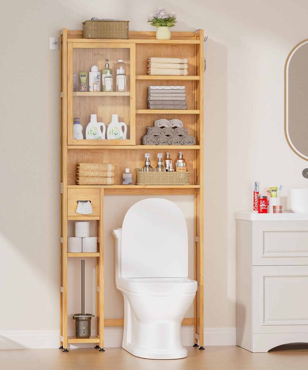 Latitude Run® Over The Toilet Storage Cabinet With Acrylic Door Panel And Paper Towel Drawer, Bamboo Space Saver Shelf, Bathroom Organizer Rack