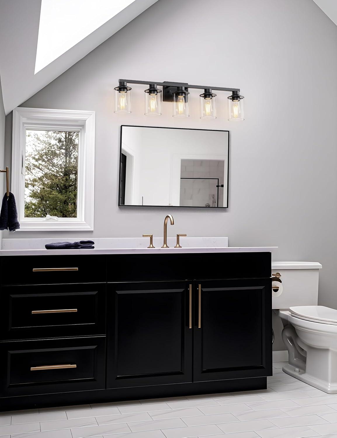 Matte Black 5-Light Bathroom Vanity Fixture with Glass Shades