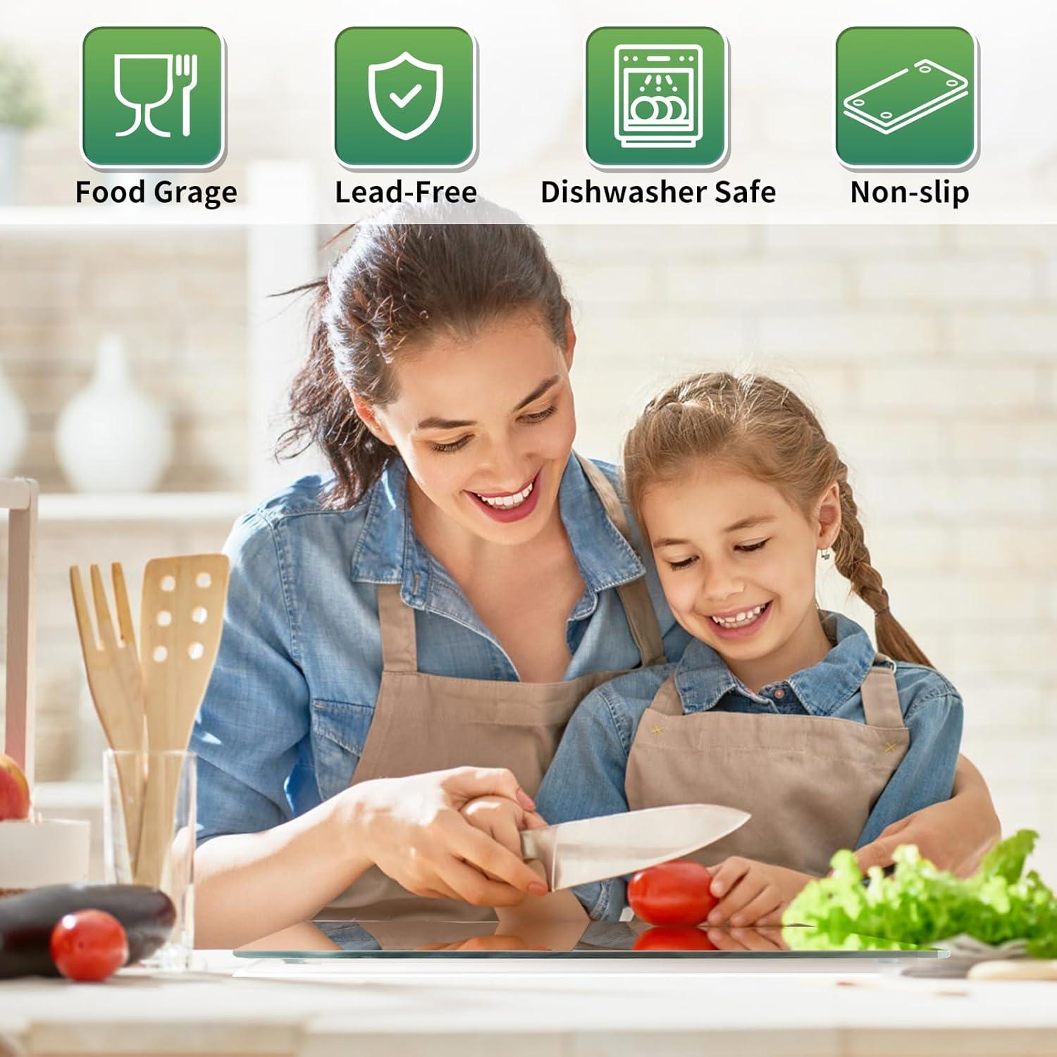 Tempered Glass Cutting Board for Kitchen, Clear Glass Board for Countertop, Heat Resistant, with Non-Slip Feet, 12x16" & 12x8" 2 Pcs Clear