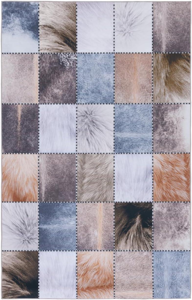 Beige/Brown Washable Synthetic Fur Rectangular Rug