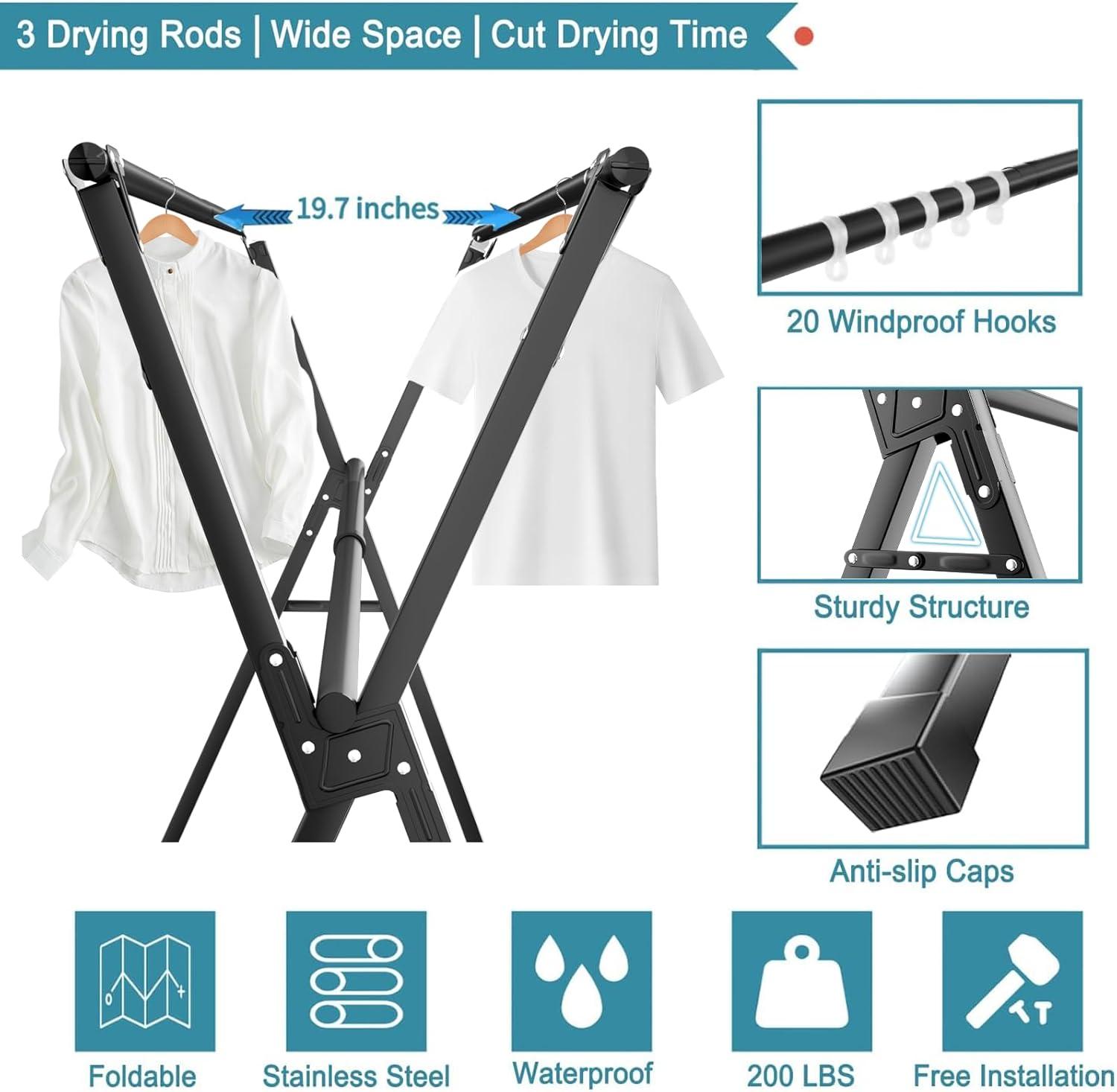 Black Stainless Steel Foldable Clothes Drying Rack with 20 Hooks