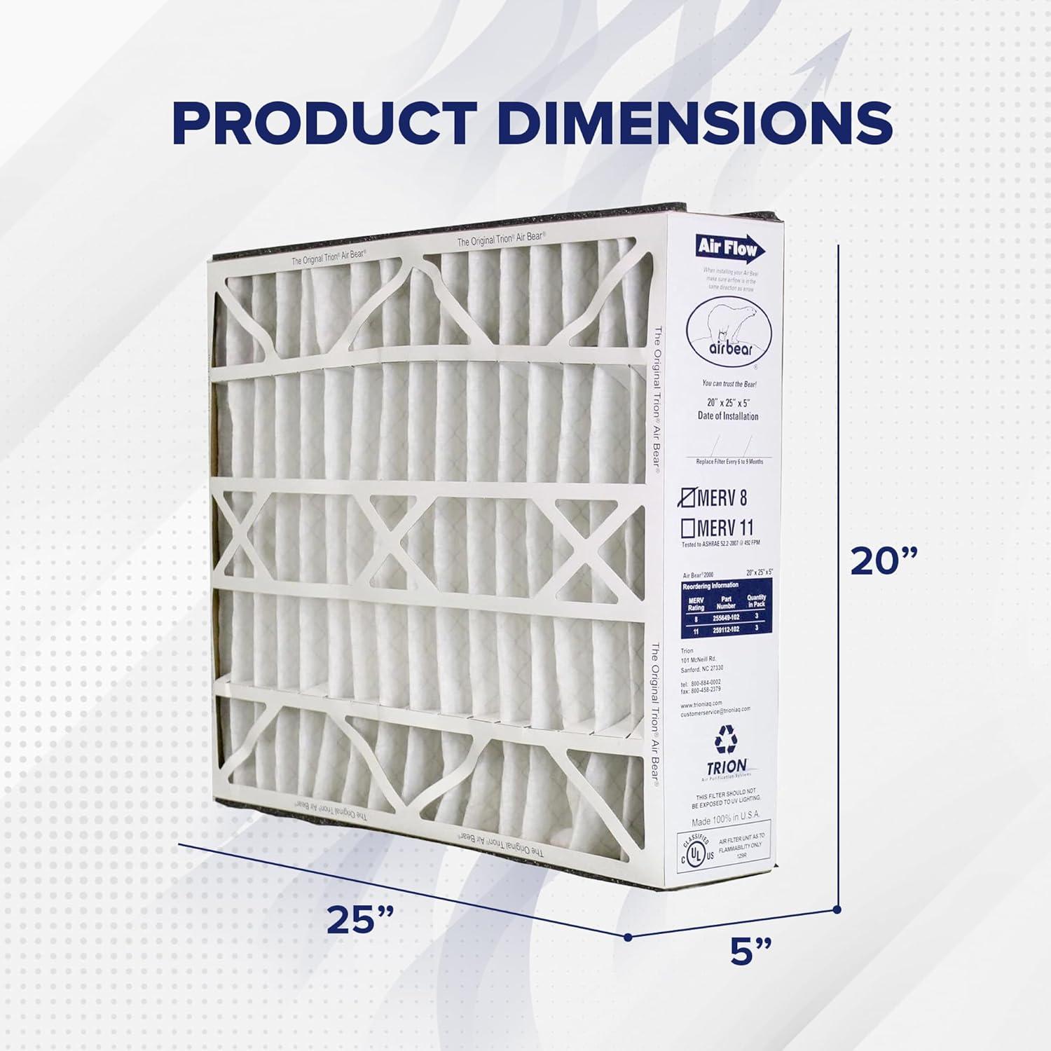 Trion 255649-102 Air Bear 20x25x5 Inch MERV 8 Air Purifier Filter for Air Bear Supreme, Right Angle, and Cub Air Cleaner Purification Systems (3 Pack)