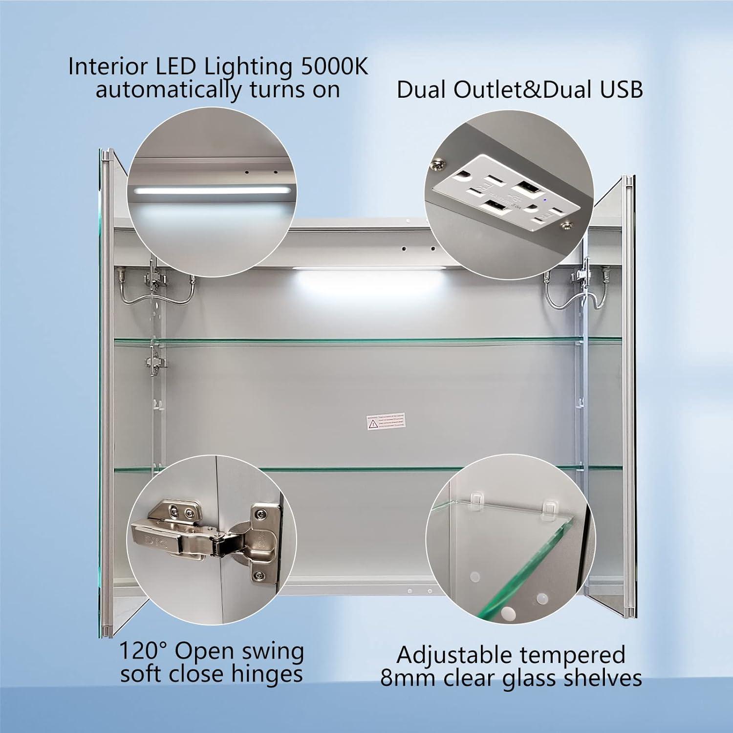 ExBrite Lighted Medicine Cabinet 36x30 Inch,Recessed or Surface led Medicine Cabinet, Three Glass Shelves,Defog,Stepless Dimming,Medicine Cabinet with Lights 3-Color Temper Change, Outlets & USBs