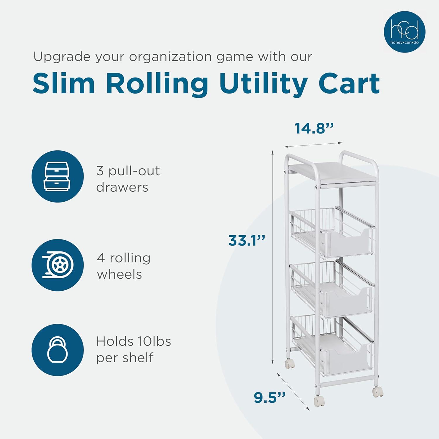 White 4-Tier Slim Rolling Metal Utility Cart with Drawers