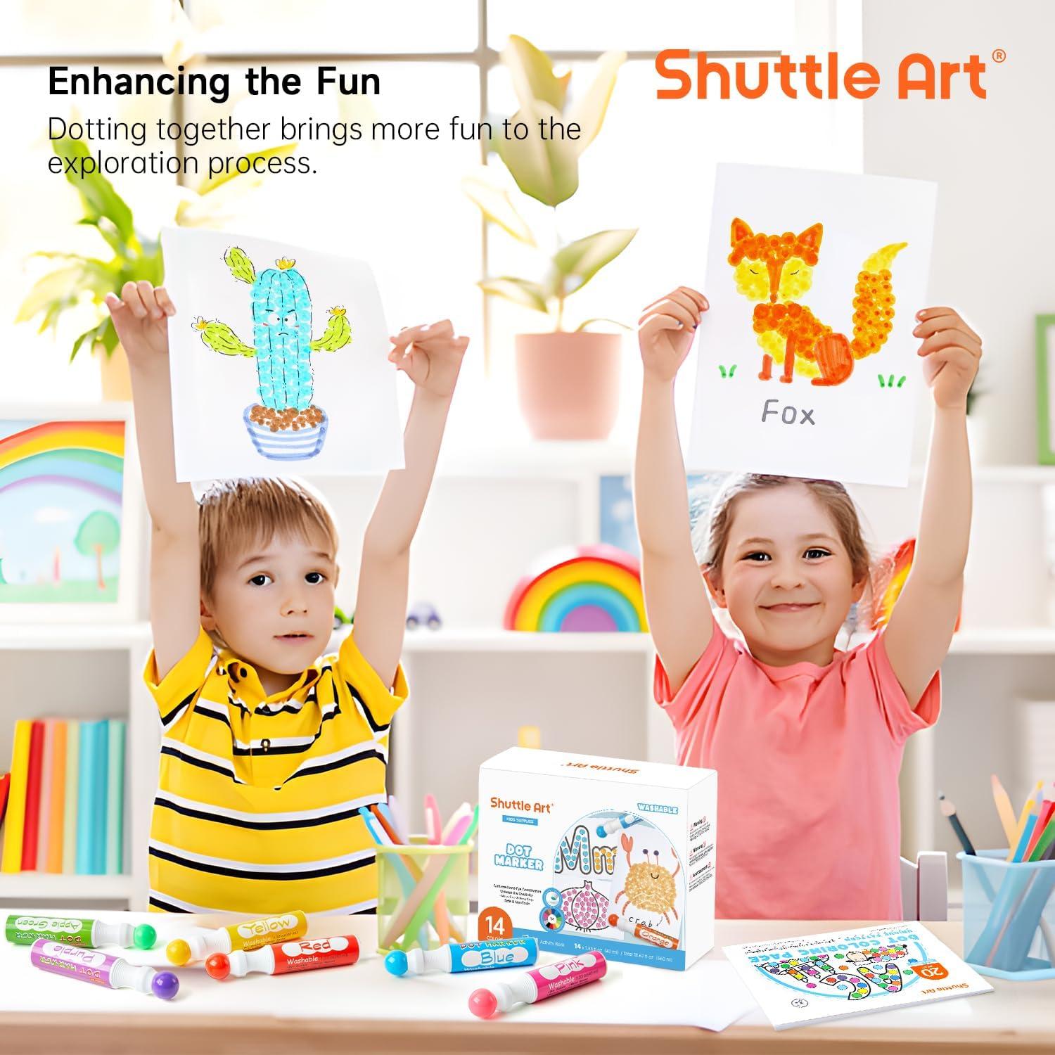 Shuttle Art Dot Markers, 14 Colors Bingo Daubers with 20 Unique Patterns of Dot Book for Art Activities, Non-Toxic Washable Coloring Markers