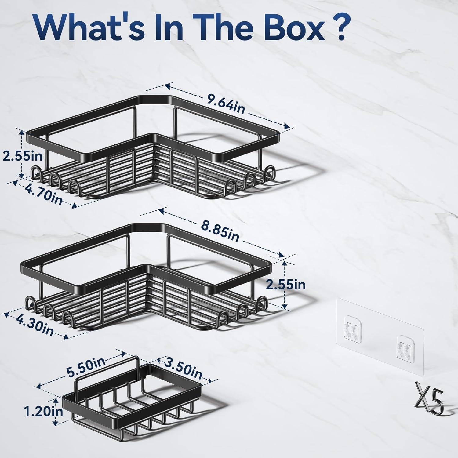 Rebrilliant 3-Pack Corner Adhesive Shower Caddy with Soap Holder & 12 Hooks, Stainless Steel