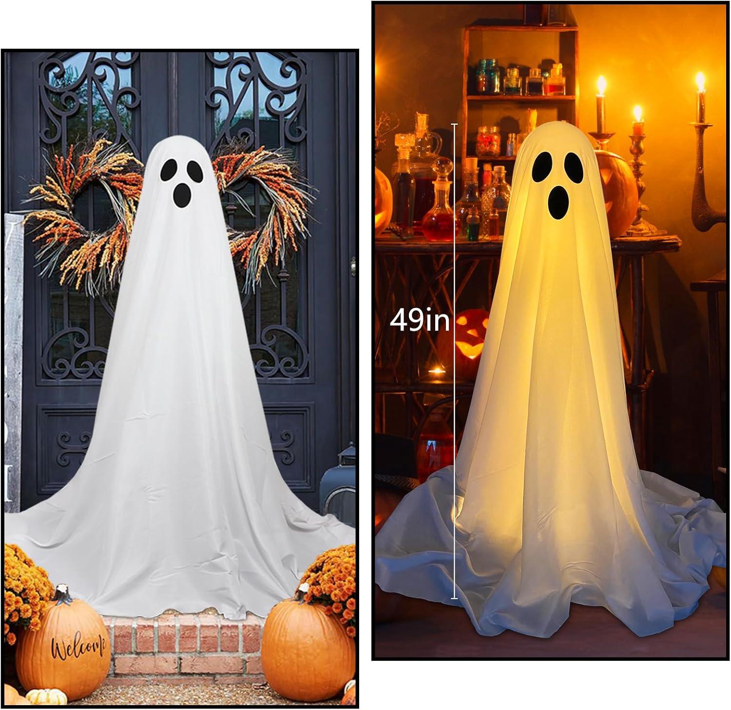 2Packs Halloween Decorations Outdoor, Cute Halloween Decorations Indoor, Spooky Ghost Halloween Decor with Witch Hat, Scary Ghosts Decor with String Lights for Front Porche Yard Garden Home