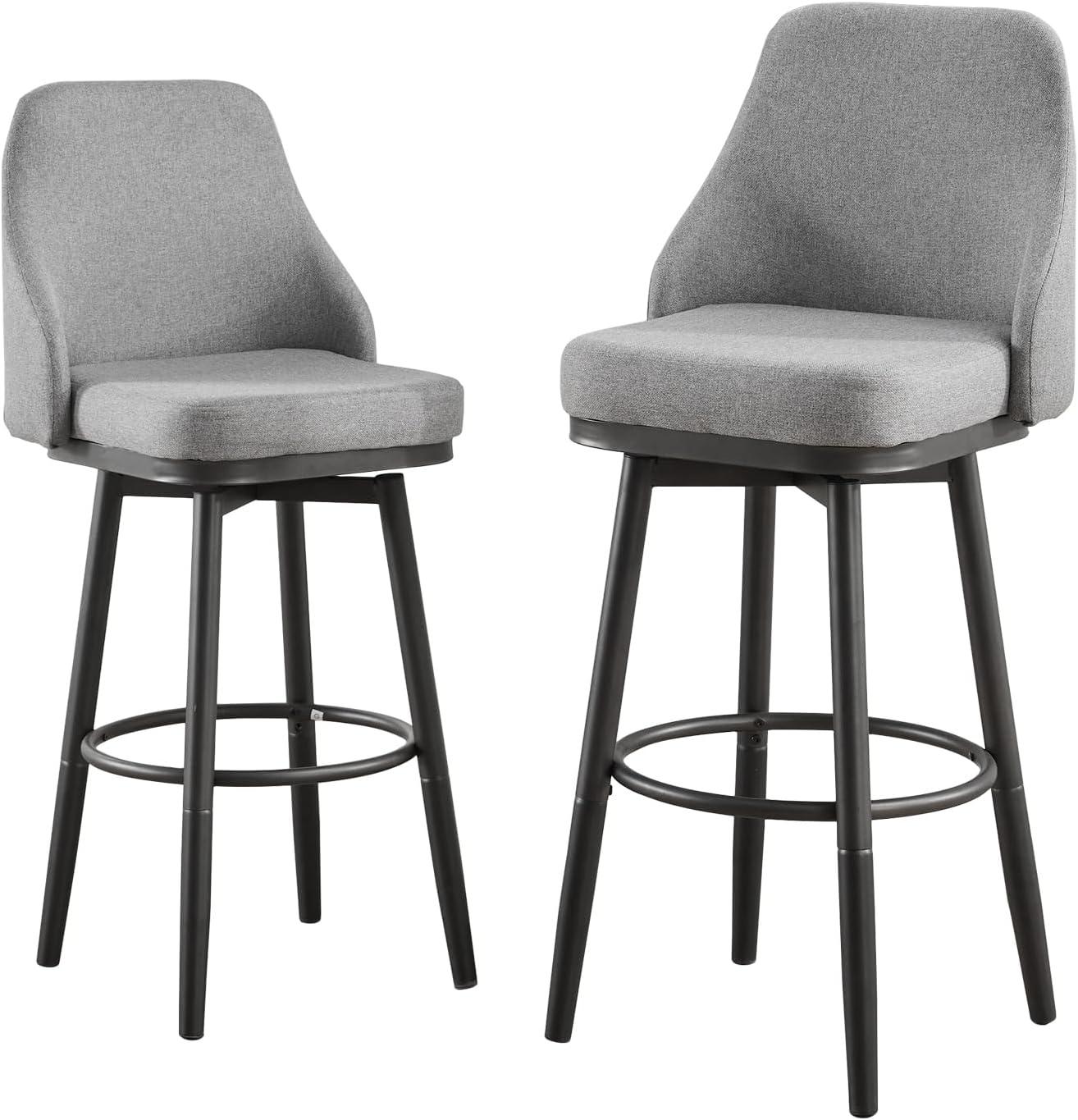 ELIASER Bar Stools Set of 2,Counter Height Barstools Swivel Chair for Kitchen Counter with Back Upholstered Linen Foam Cushion,Metal Leg 29 Inch and 24 Inch Gray