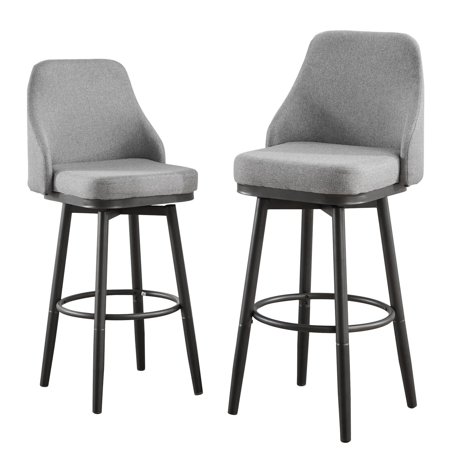 ELIASER Bar Stools Set of 2,Counter Height Barstools Swivel Chair for Kitchen Counter with Back Upholstered Linen Foam Cushion,Metal Leg 29 Inch and 24 Inch Gray