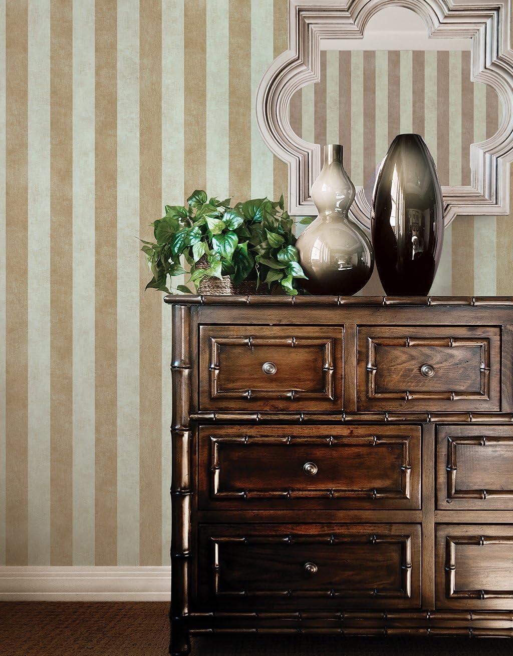 Light Green and Metallic Gold Striped Vinyl Wallpaper